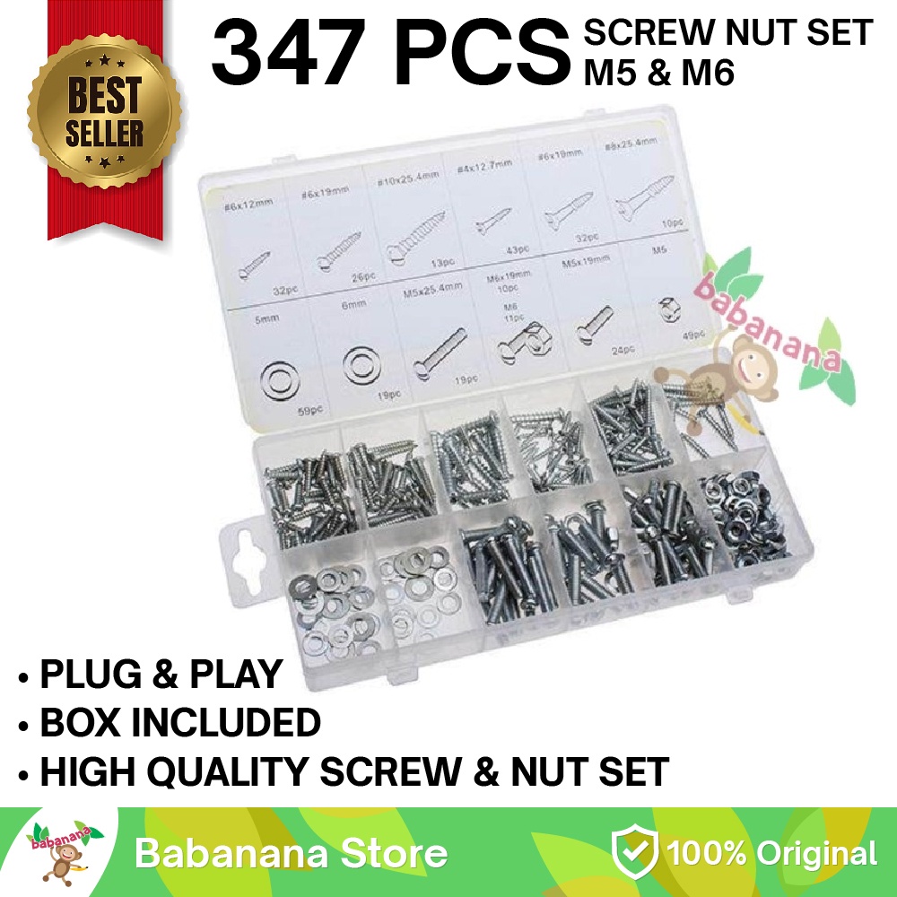 347 pcs baut mur washer campur sekrup nut ring set assortment kit