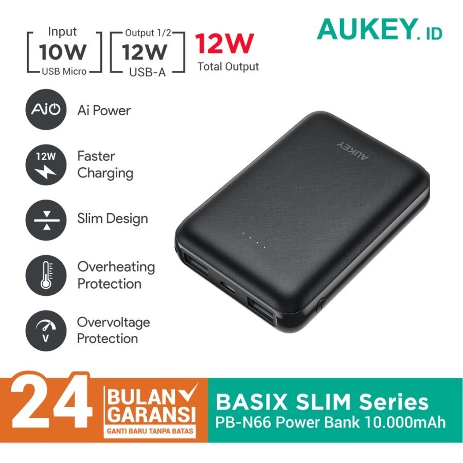 Aukey PB-N66 Powerbank Basix Slim 10000mAh 12W Dual Port USB Original Garansi Resmi