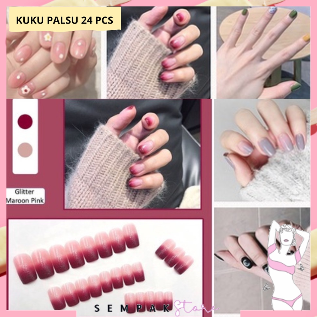 SS 24Pcs Kuku Palsu Motif Kartun 24 Pcs Fake Nail Karakter Manicure Nail Stickers Wedding Pengantin Murah