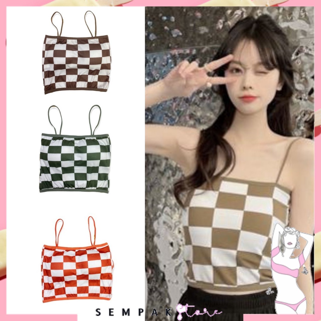 SS Tanktop Wanita 6557 Motif Kotak Bra Wanita Model Papan Catur Pakain Dalam Wanita Crop Top Rajut Ala Korea Murah Import