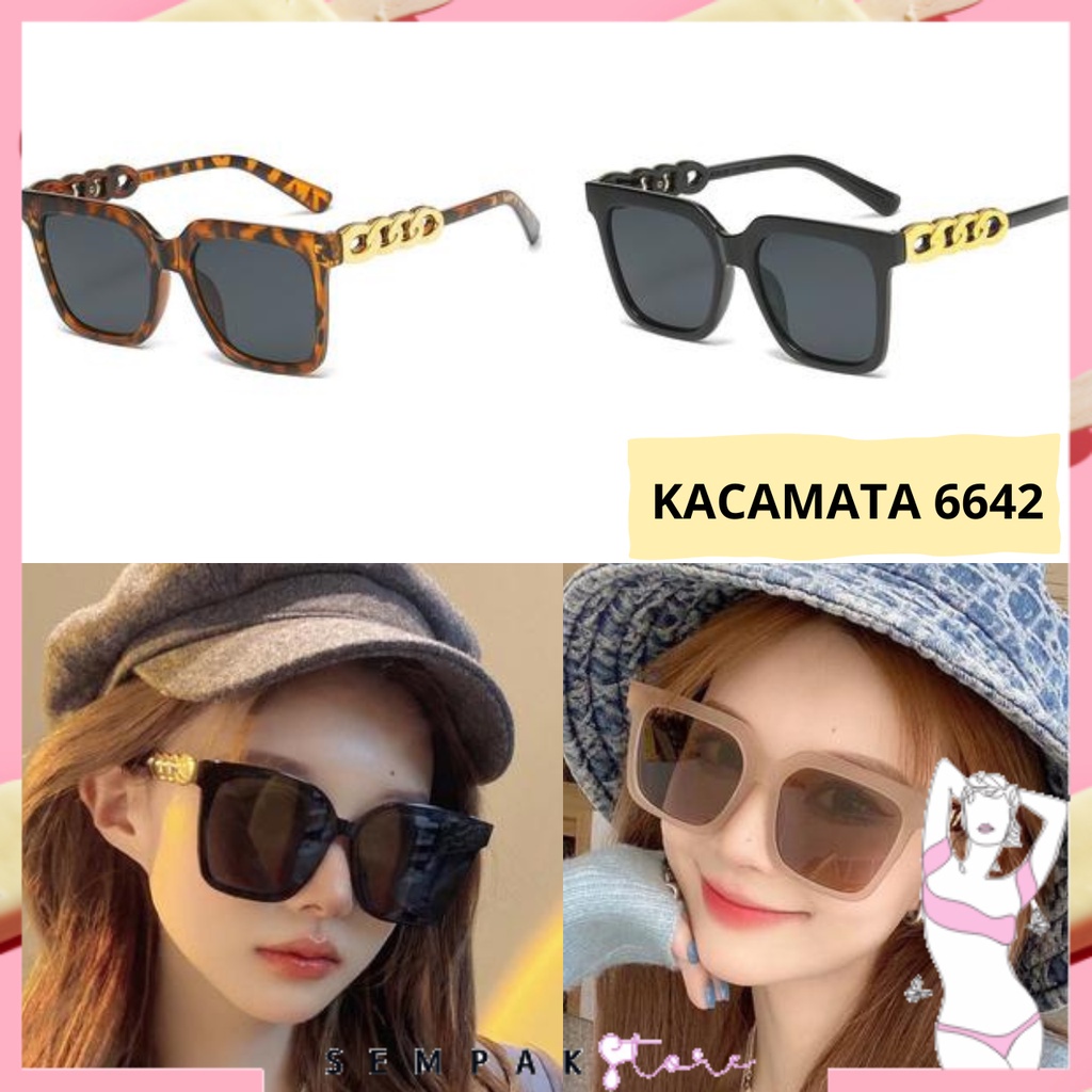 SS  Kacamata Hitam 6642 Motif Rantai Kaca Mata Wanita Model Eropa Amerika Retro Kotak Besar Korean Fashion Sunglassess Eyewear