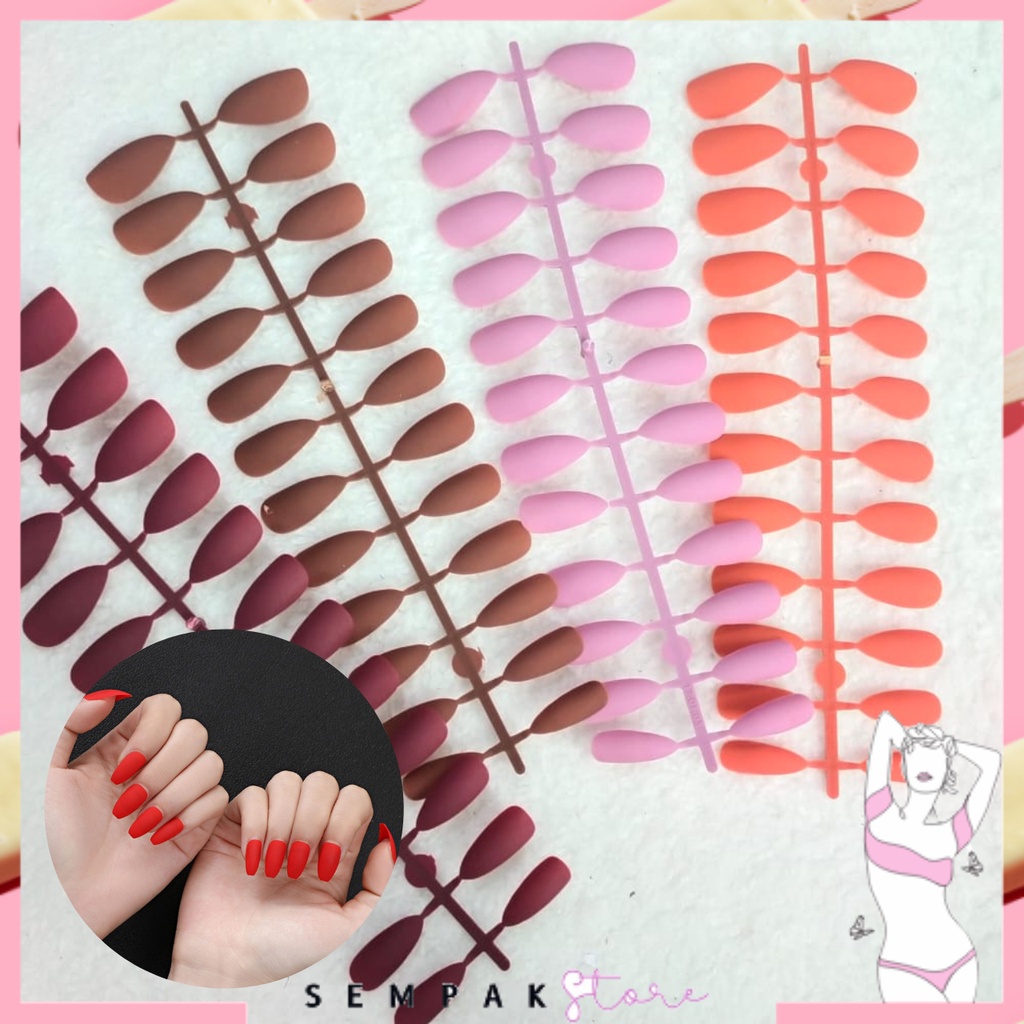 SS 24Pcs Kuku Palsu Polos Matte Doff Glossy Nude 24 Pcs Fake Nail Manicure Nail Stickers Wedding Pengantin Murah Import