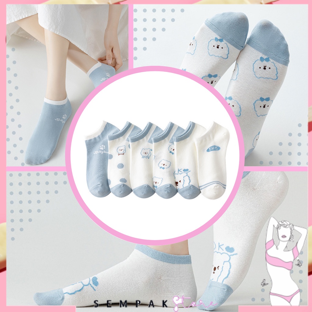 Kaos Kaki Wanita Motif Beruang Biru Muda 6587 Kaos Kaki Pendek Fashion Korean Unisex Semata Kaki Blue Bear