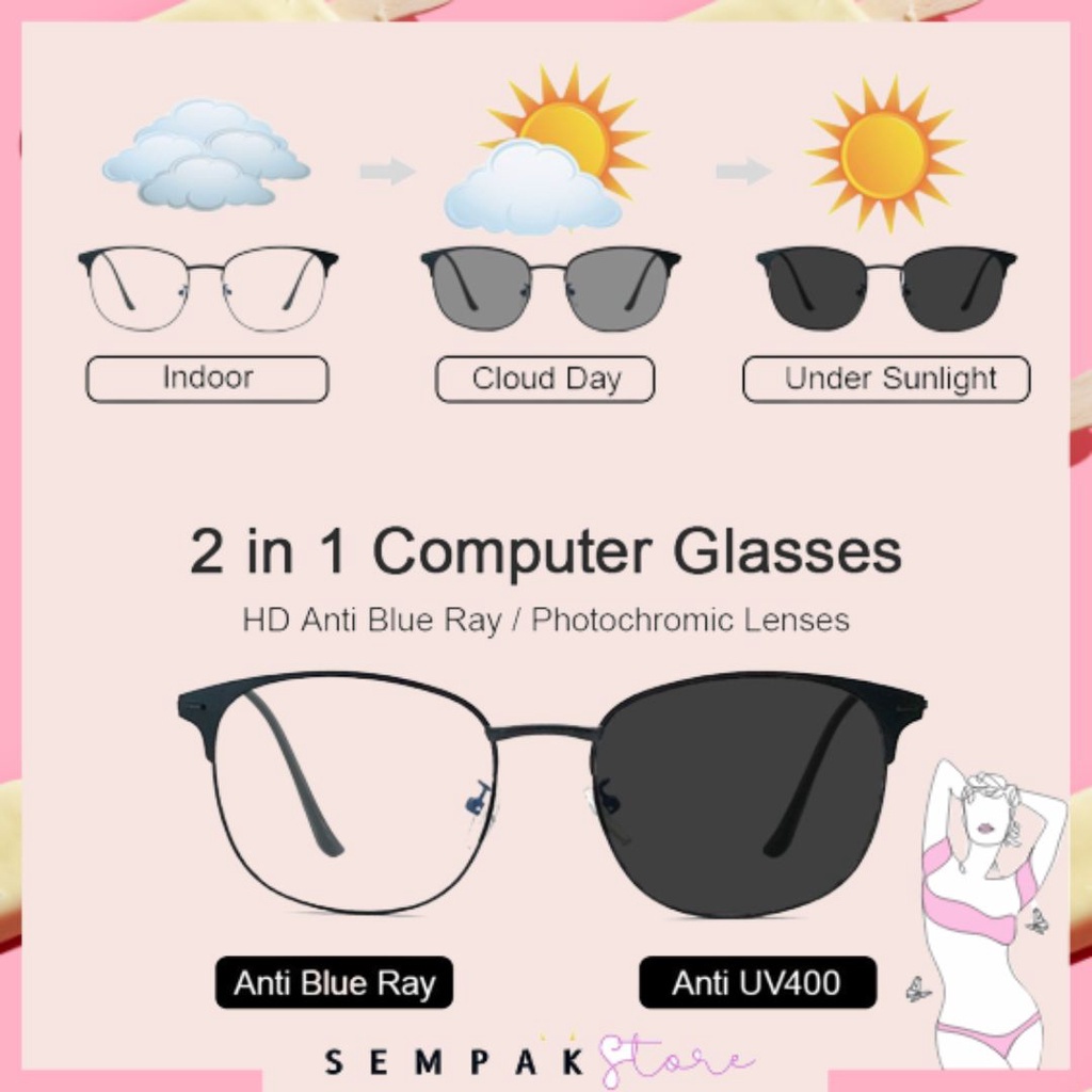 SS Kacamata Photocromic Anti Radiasi 6520 Kaca Mata Wanita Pria Anti Silau Sunglasses Korean Style Photochromic Murah Import