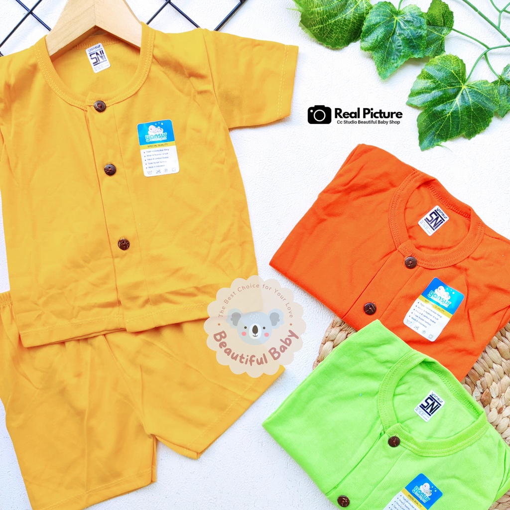 Baby.ou - Setelan Baju Bayi Lengan Pendek Celana Pendek Motif Polos / Setelan Harian Bayi / Kaos Oblong Bayi &amp; Anak Kancing Pundak