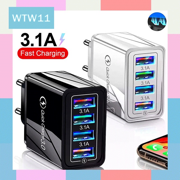 WTW Adapter Charger 5V 3.1A 4 Port USB Quick Charging Fast Charging Pengisian Daya Cepat+Lampu LED