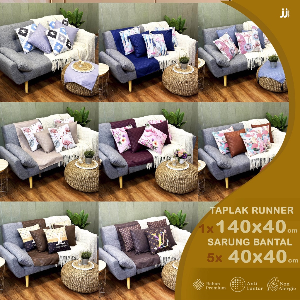 [SET ISI 5 +1] SARUNG BANTAL SOFA 40X40 CM + TAPLAK RUNNER MEJA 140X40 CM MOTIF FLAMINGO POLOS BRAND