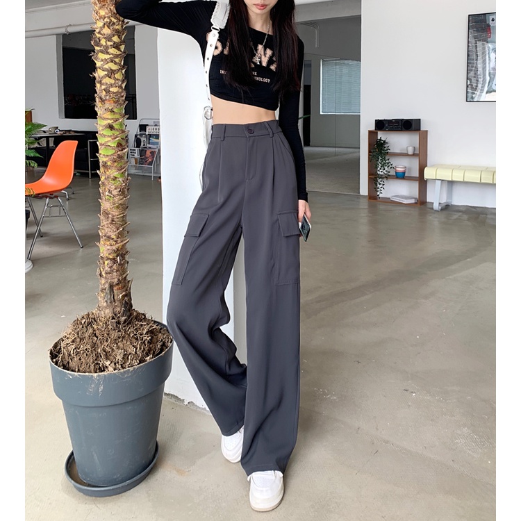 Cargo Pants Wanita Casual Highwaist Celana Cargo Hitam Korean Style Celana Kulot Kekinian