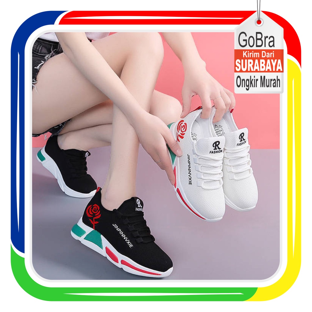 Gobra ♕ SEP025 (Tanpa Kotak) Sepatu Sneakers Wanita Putih Hitam Hijau Bunga Sporty Model Korea Fashion Casual Sport Olahraga Import COD