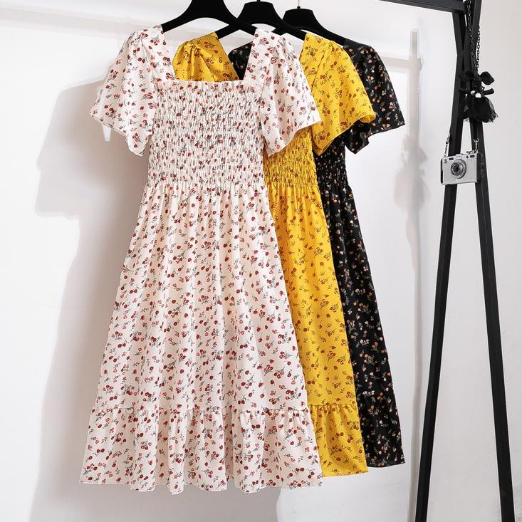 Hemat Banget Dress smock floral bohemian lengan pendek terbaru 3 warna