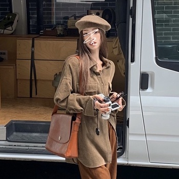 Korean Style Bordir Corduroy Shirt Kemeja Lengan Panjang Wanita Retro Atasan Wanita Kekinian Baju Atasan Wanita