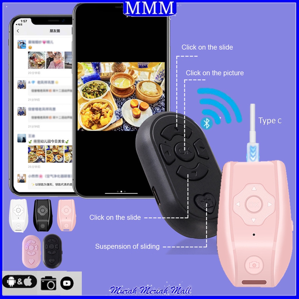 MMM Remote Bluetooth Selfie V1 Remot Shutter Wireless V2 Kabel Type C Pengendali Jarak Jauh Nirkabel Untuk Android IOS Remot Control Scroll Bluetooth V3 Murah Import