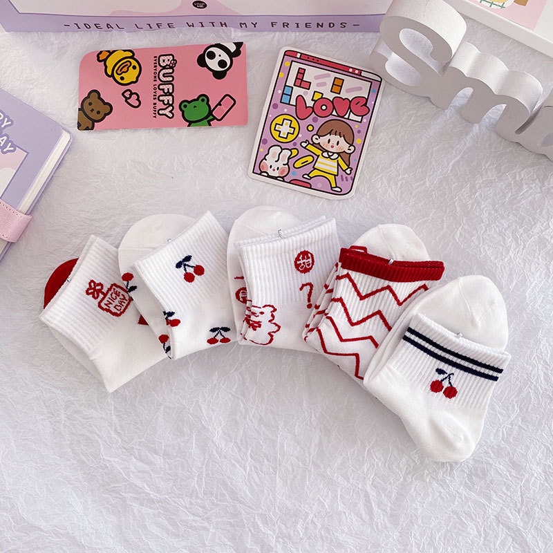 MMM  Kaos Kaki Wanita Motif Cherry Merah 6586 Kaos Kaki Pendek Fashion Korean Unisex Semata Kaki Red Cherry Socks Import Ankle Socks Korean Model Simple Cute