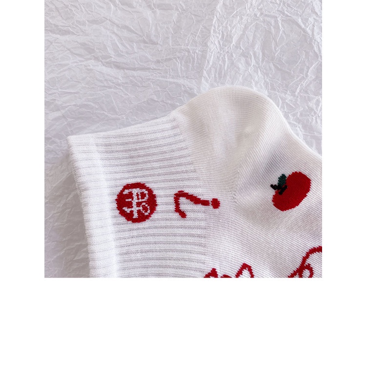 MMM  Kaos Kaki Wanita Motif Cherry Merah 6586 Kaos Kaki Pendek Fashion Korean Unisex Semata Kaki Red Cherry Socks Import Ankle Socks Korean Model Simple Cute