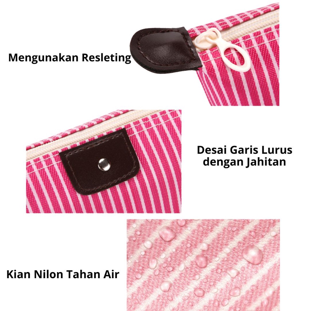 MMM Tas Pouch Kosmetik Makeup Organizer Anti Air Motif Garis Kosmetik Pouch Belang Alat Mandi Murah Import