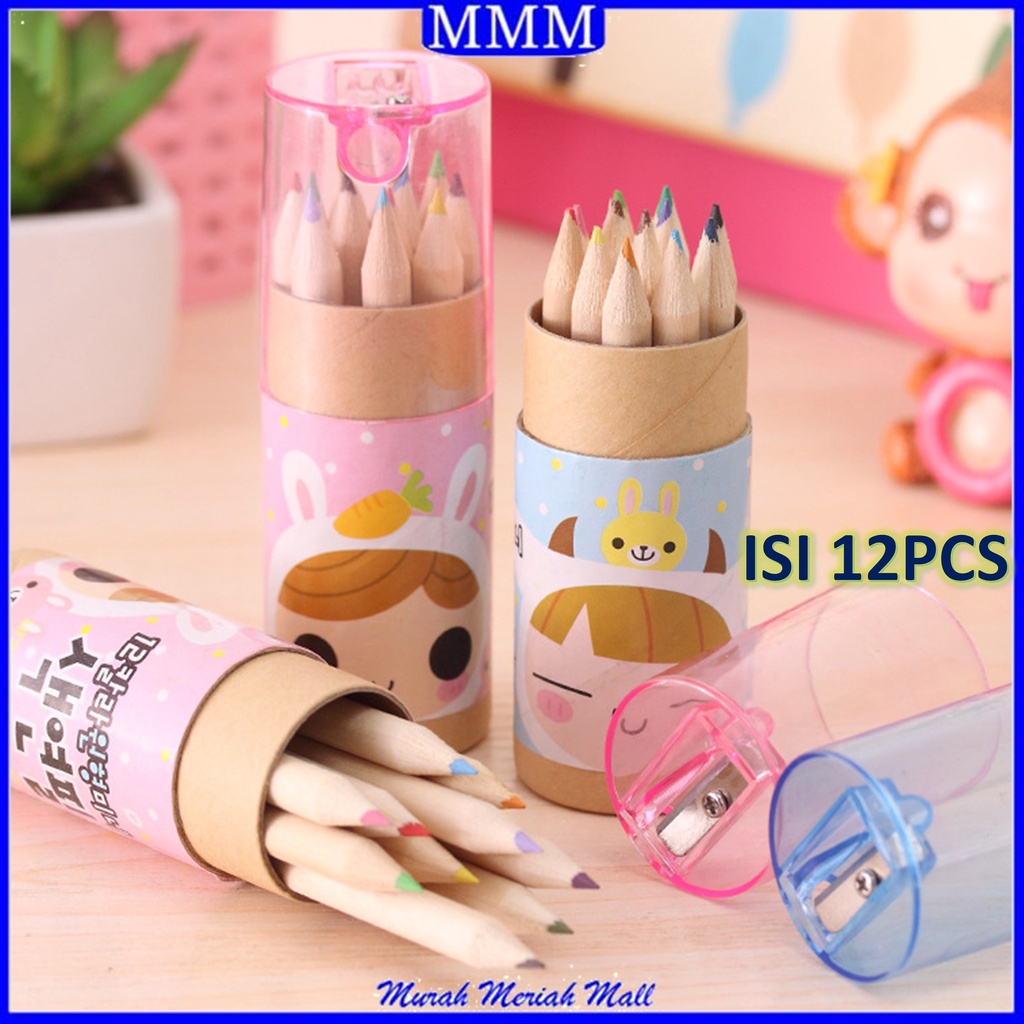 MMM Pensil Warna 12 IN 1 + Serutan Pensil Warna Pencils Quality Pensil Color Karakter Lucu Kemasan Tabung Murah Import