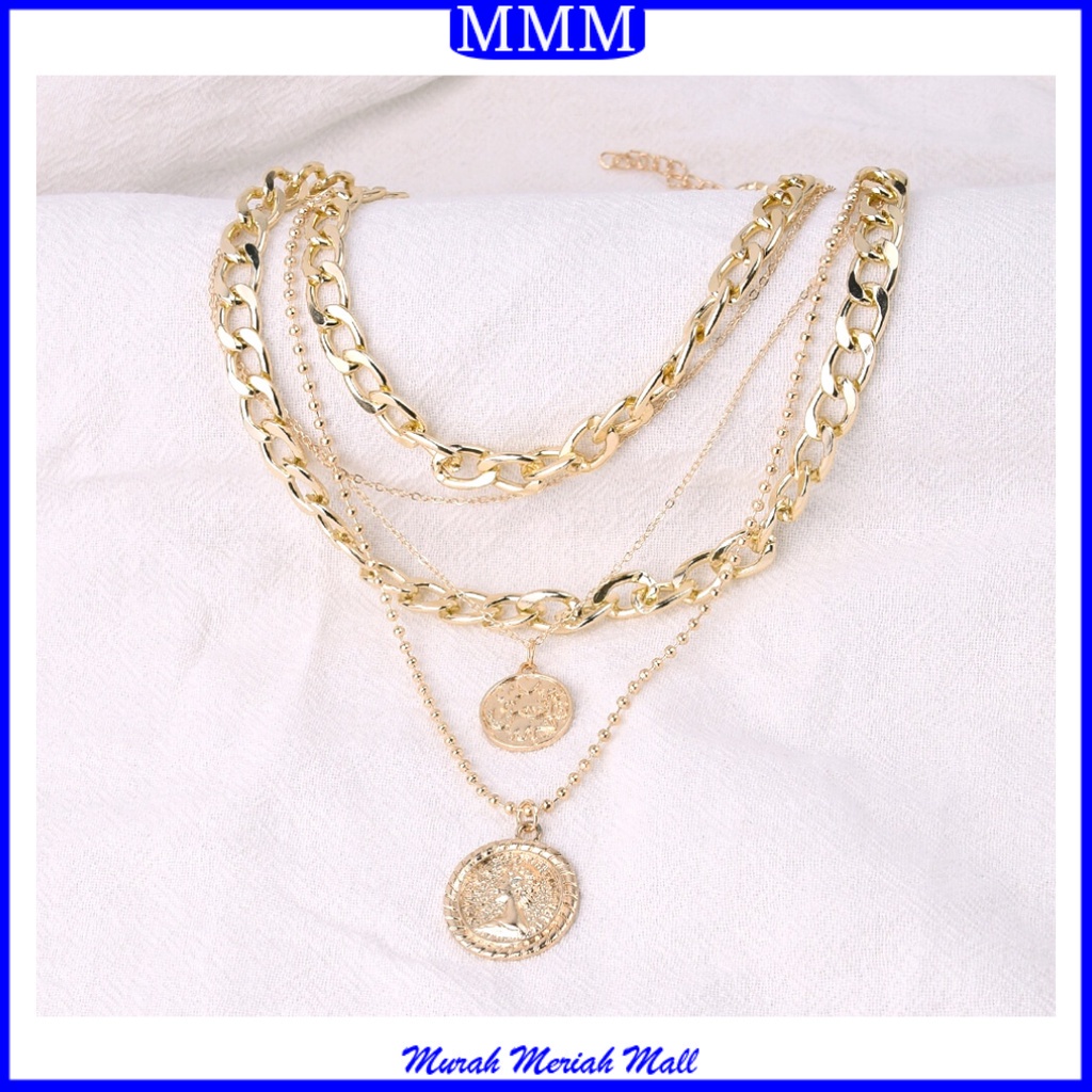 MMM Kalung Choker Rantai Gold Koin Multilayer 6515 Kalung 5 Layer Coin Necklace Aksen Mutiara Gaya Vintage Wanita Murah Import