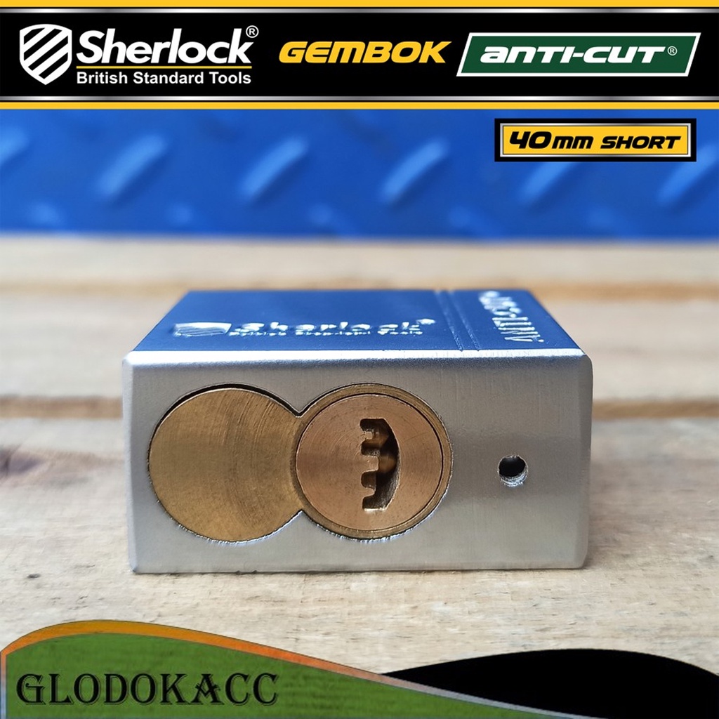 Gembok ANTI CUT 40 mm Pendek / Sherlock (Body Besi Silinder &amp; Kunci Kuningan)