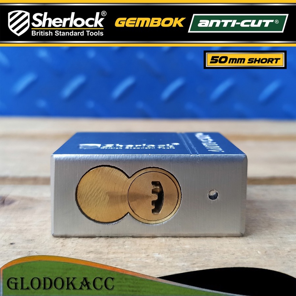 Gembok ANTI CUT 50 mm Pendek / Sherlock (Body Besi Silinder &amp; Kunci Kuningan)