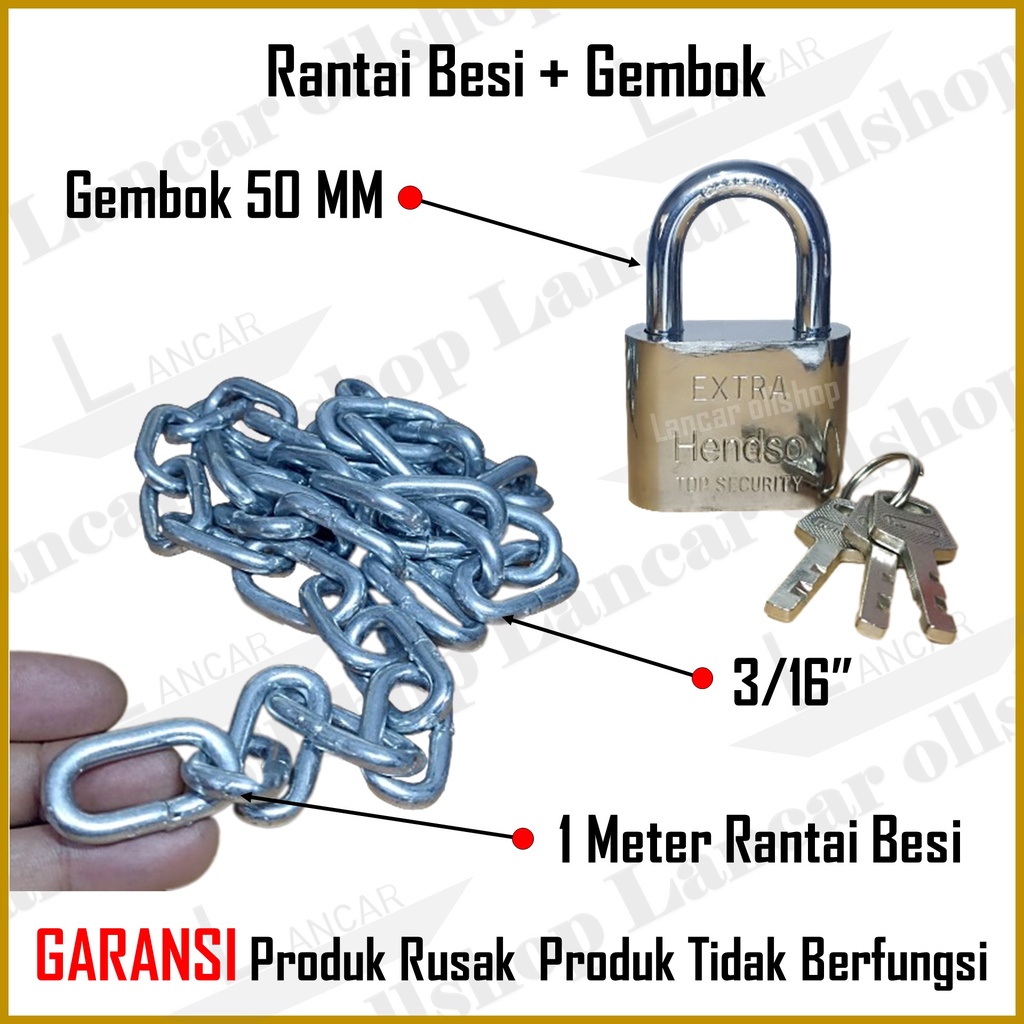 Gembok Rante Rumah Pagar Motor Sepeda / Kunci Rantai 3/16 Gembok 50 MM / Gembok Rantai Pintu Gudang