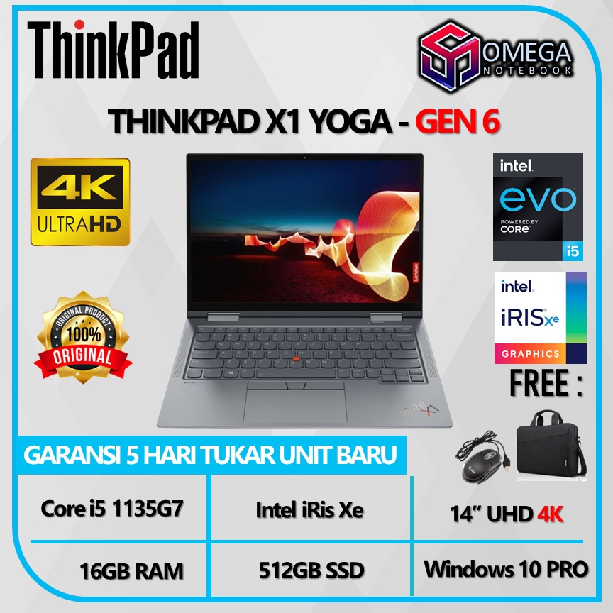 Lenovo Thinkpad X1 Yoga Gen 6 i5 1135G7 16GB 512GB iRis Xe 13,5 QHD 4K Windows 10 Pro