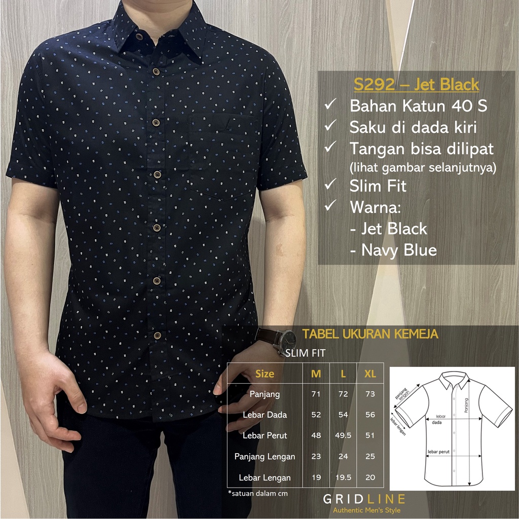 [GRIDLINE - S292 Navy Blue &amp; Jet Black - S180 Black] Kemeja Print Slimfit Pria Katun Lengan Pendek Casual M-XXL