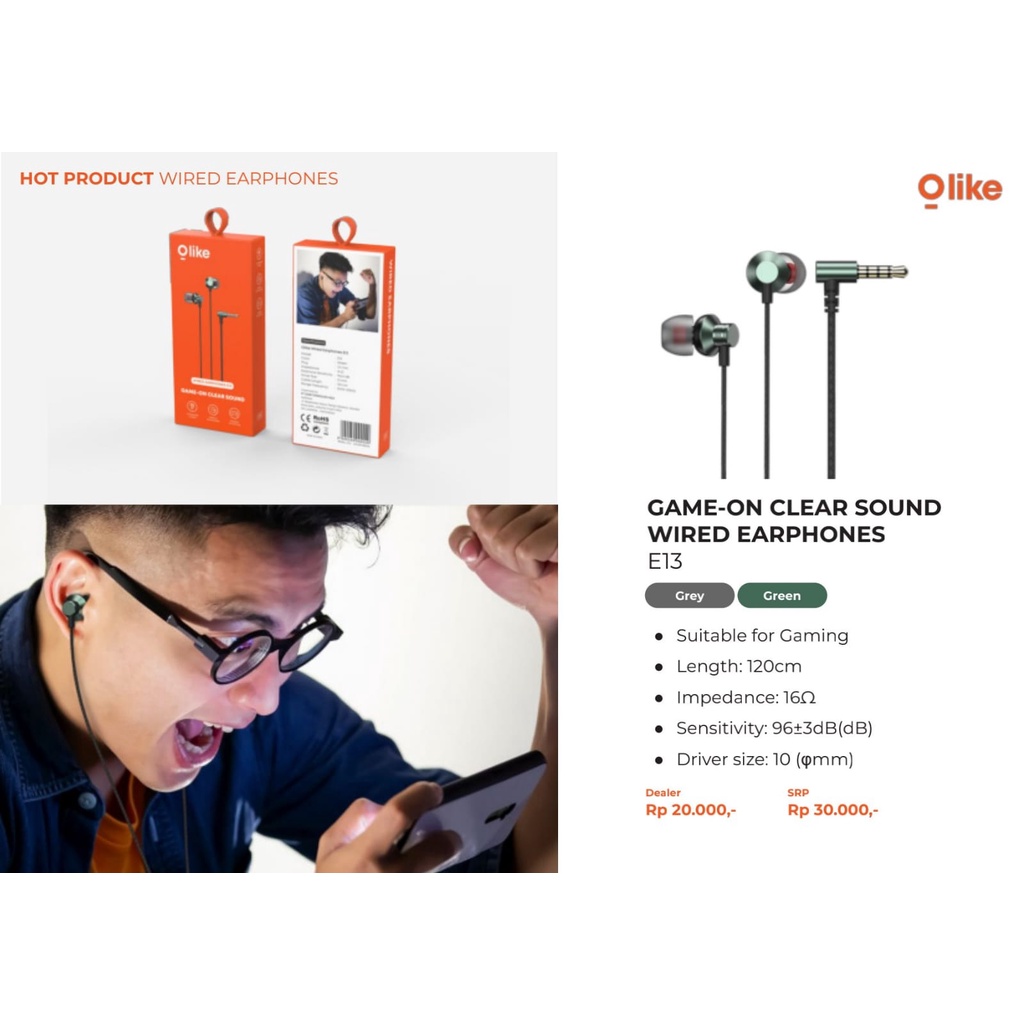 Olike Wired Earphone Game-on Clear Sound Gaming Headset E13 ORIGINAL BY.SULTAN