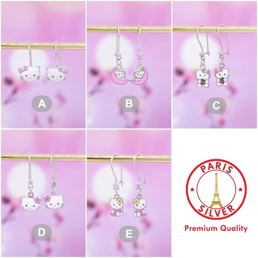 Anting Anak Hello Kitty Perak Asli Silver 925 Lapis Emas Putih Cewek Warna Bandul Kait