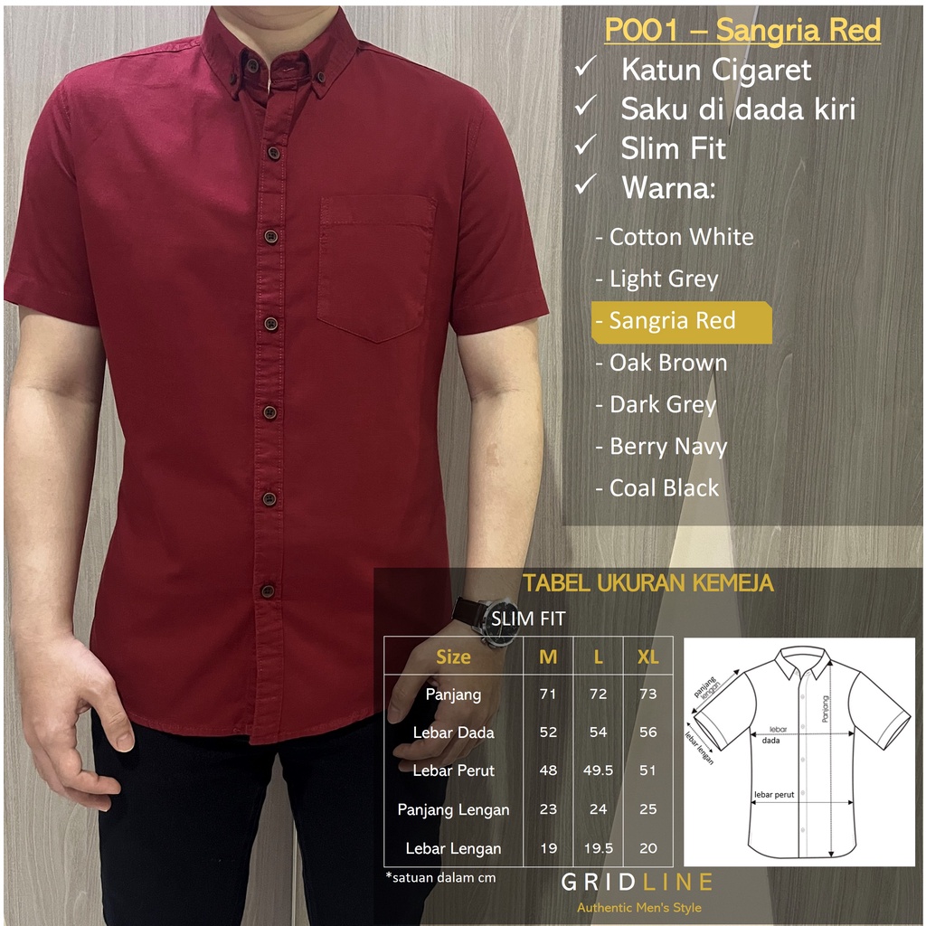 [GRIDLINE - P001 Colorful Cigaret Basic] Kemeja Pria Polos Slimfit Katun Cigaret Premium M-XXL