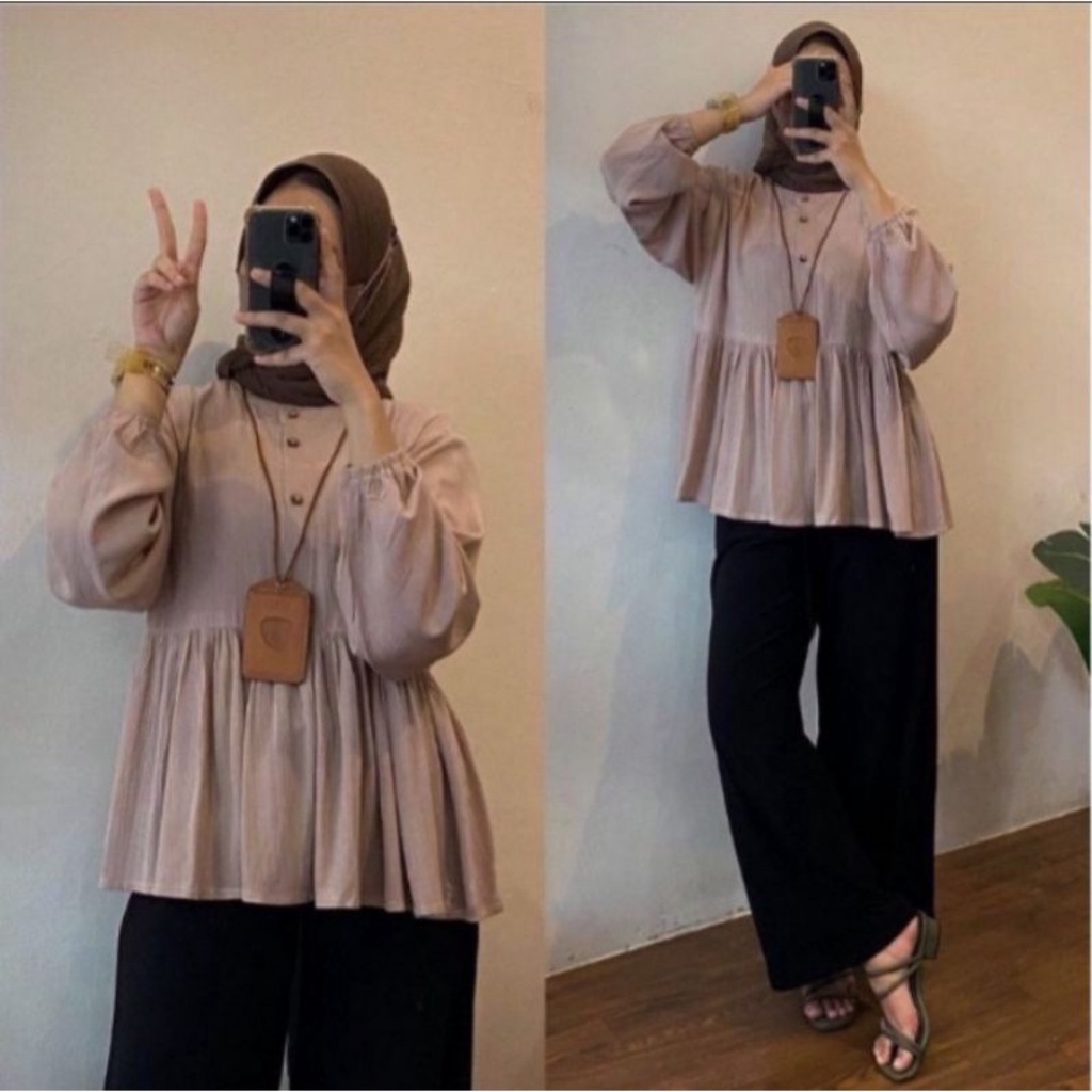 blouse crinkle airflow premium lengan panjang kerut pinggang fit &amp; flare korean style terbaru baju atasan wanita lebaran kekinian busui friendly