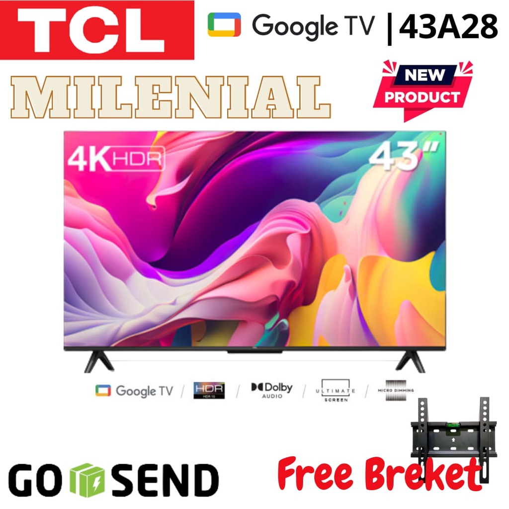 TCL FREE BREKET 43A28 Smart TV 43 Inch Google TV 4K UHD HDR 10 Garansi Resmi - TV