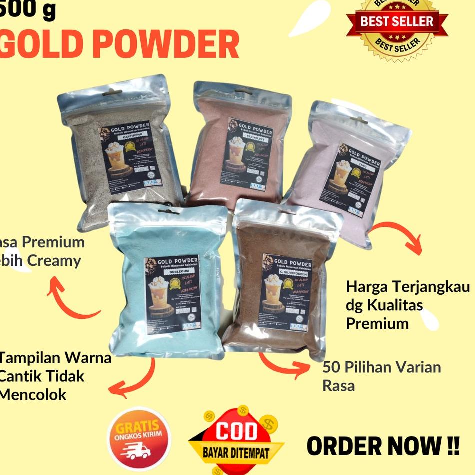 

HOT GOLD Powder 500 g bubuk minuman rasa / serbuk minuman kekinian / Boba Powder Drink / Bubuk Boba / Bubuk Aneka rasa bubuk cappucino / powder drink HALAL