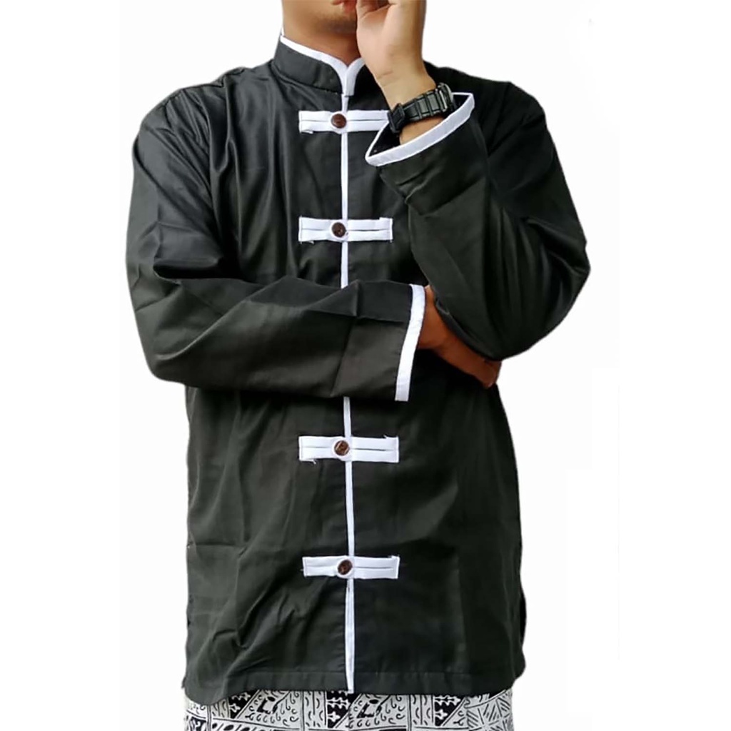 Baju Koko Model Shanghai Hitam Kombinasi Putih