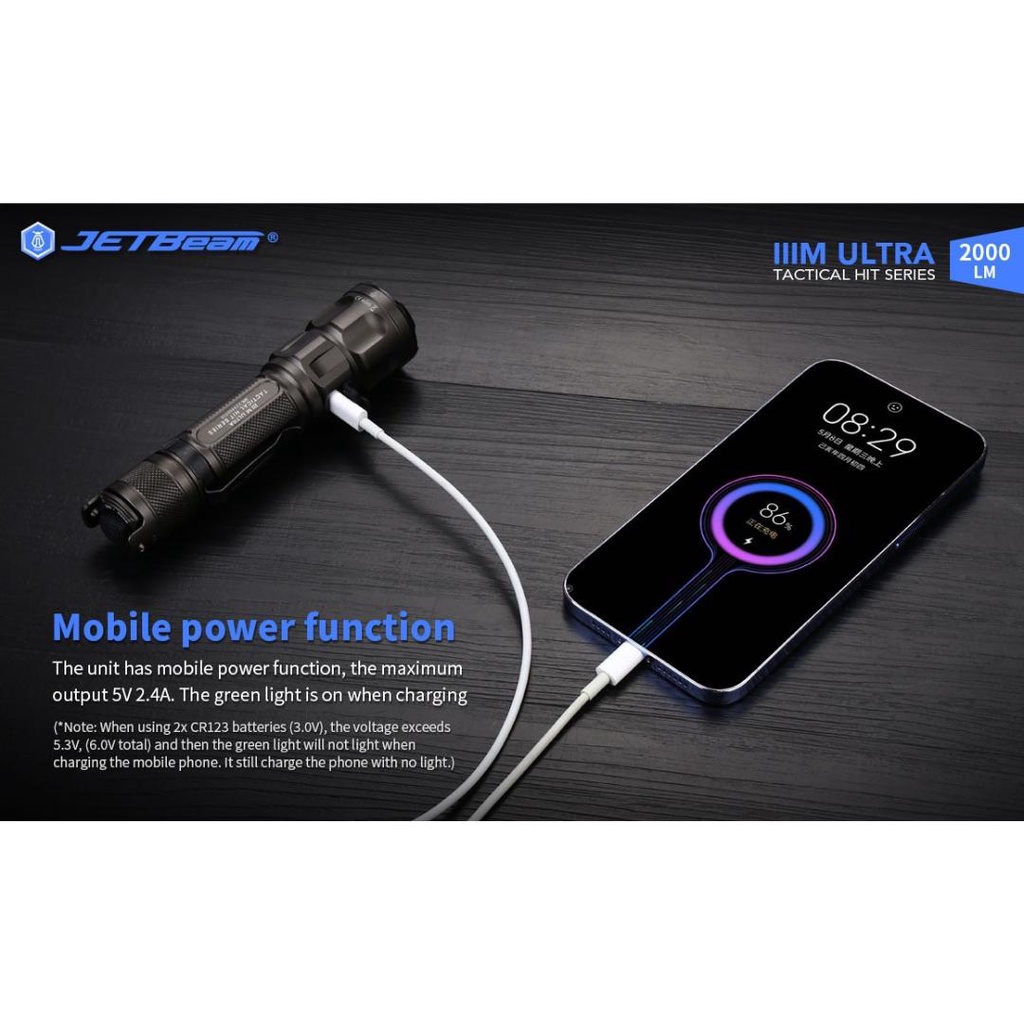 JETBeam Senter LED CREE XHP35 HD Tactical USB Rechargeable IPX8 2000lm - IIIM ULTRA - Black