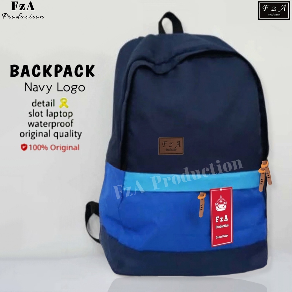 FzA Official - Big Promo..Tas Ransel Punggung Distro Casual Pria Wanita / Tas Ransel Laptop Sekolah Kuliah Bacpack Distro Original - Navy Logo