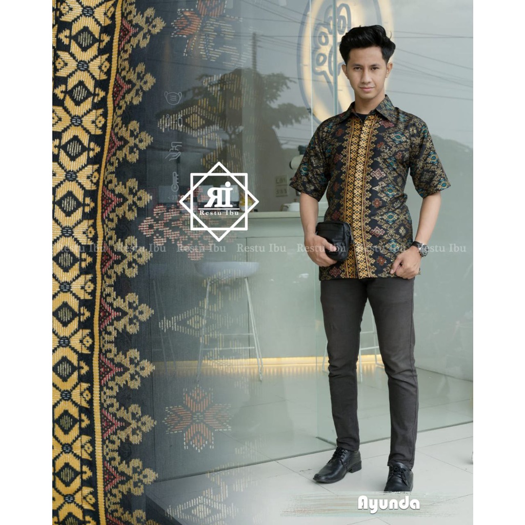 Restu Colletion Kemeja Batik Pria Lengan Pendek Bahan Katun Premium Motif Toraja Hitam Kekinian