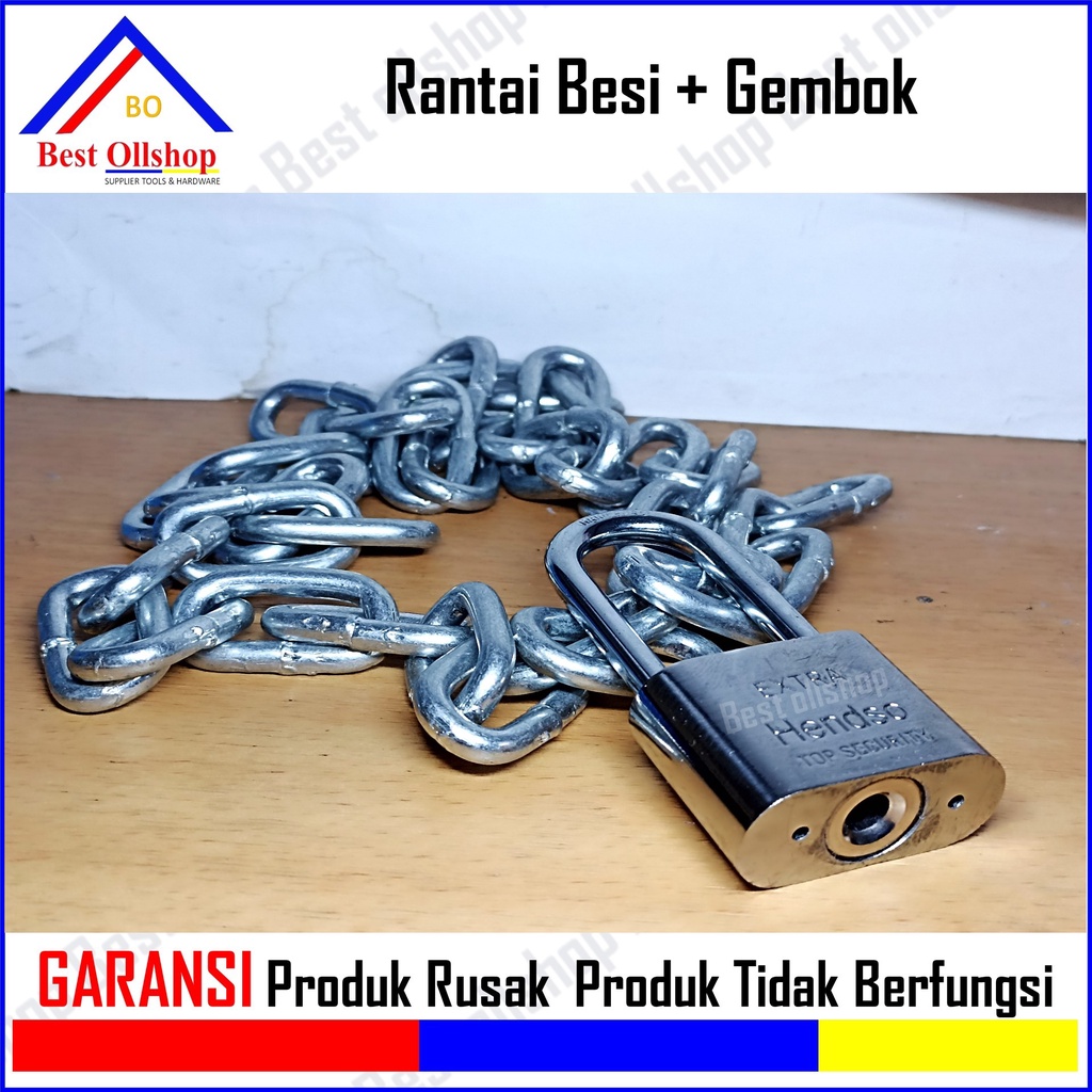 Paket Gembok Rantai 1 M Gembok Kunci Rumah Pagar Sepeda Motor Rantai Besi 3/16 5 MM Gembok 40 MM