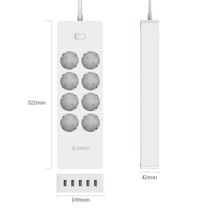 Stop Kontak 8 Slot EU Plug - 5 Port USB 5V 2.4A (Max 8A 40W) Orico HPC-8A5U Garansi 2 Tahun