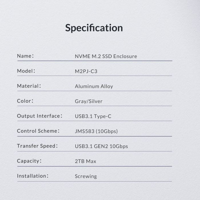 Storage Internal ORICO M2PJ-C3 NVME M.2 SSD Enclosure HDD Aluminum