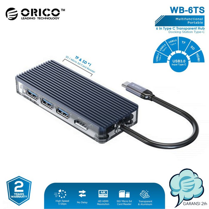 ORICO 6in1 Type C HUB USB 3.0 4K HDMI TF SD Card Reader 5Gbps - WB-6TS