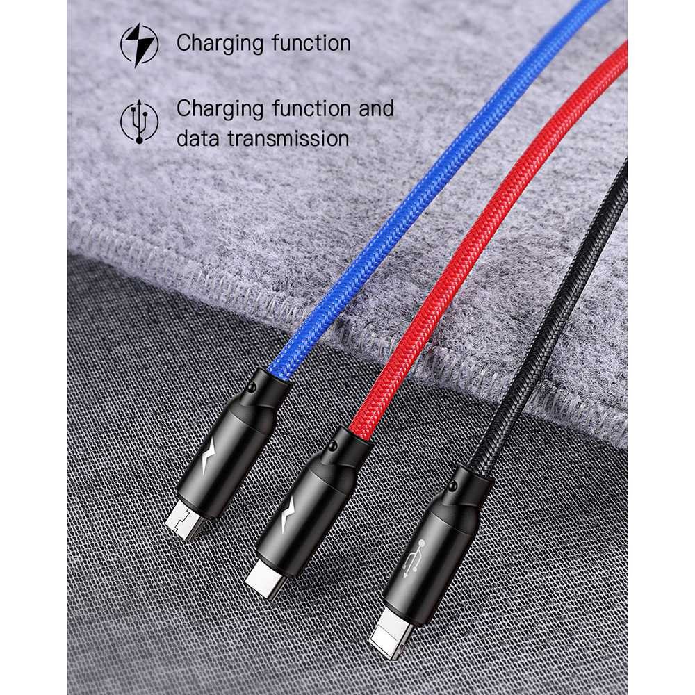 Baseus 3 in 1 Kabel Charger Micro USB + Type C + Lightning Full Colour 35A 12M