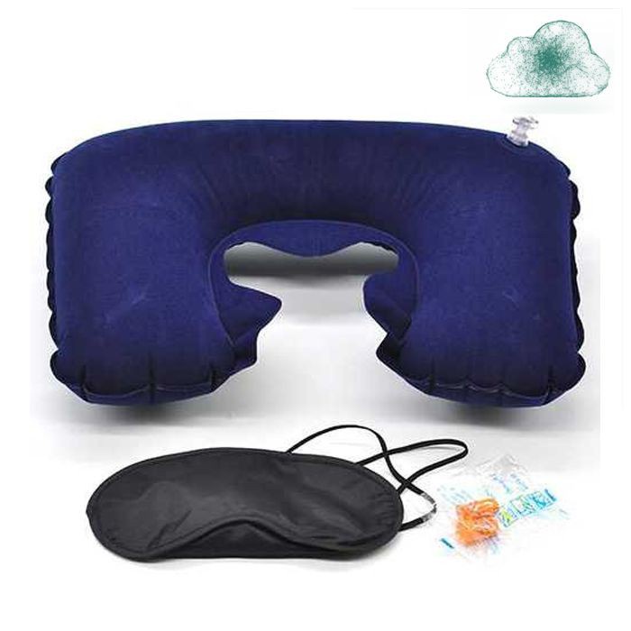 Bantal Leher Inflatable Travelling Masker Mata Plus Earplug CottonTravel Neck Pillow Car Mobil Navy