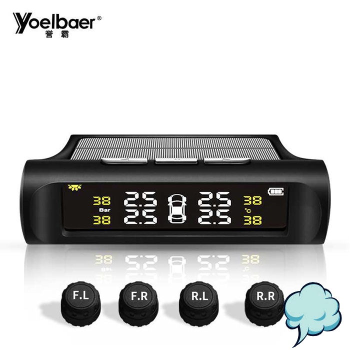 Yoelbaer Monitoring Tekanan Ban Mobil TPMS Solar Panel Power LCD Display 4 External Sensor