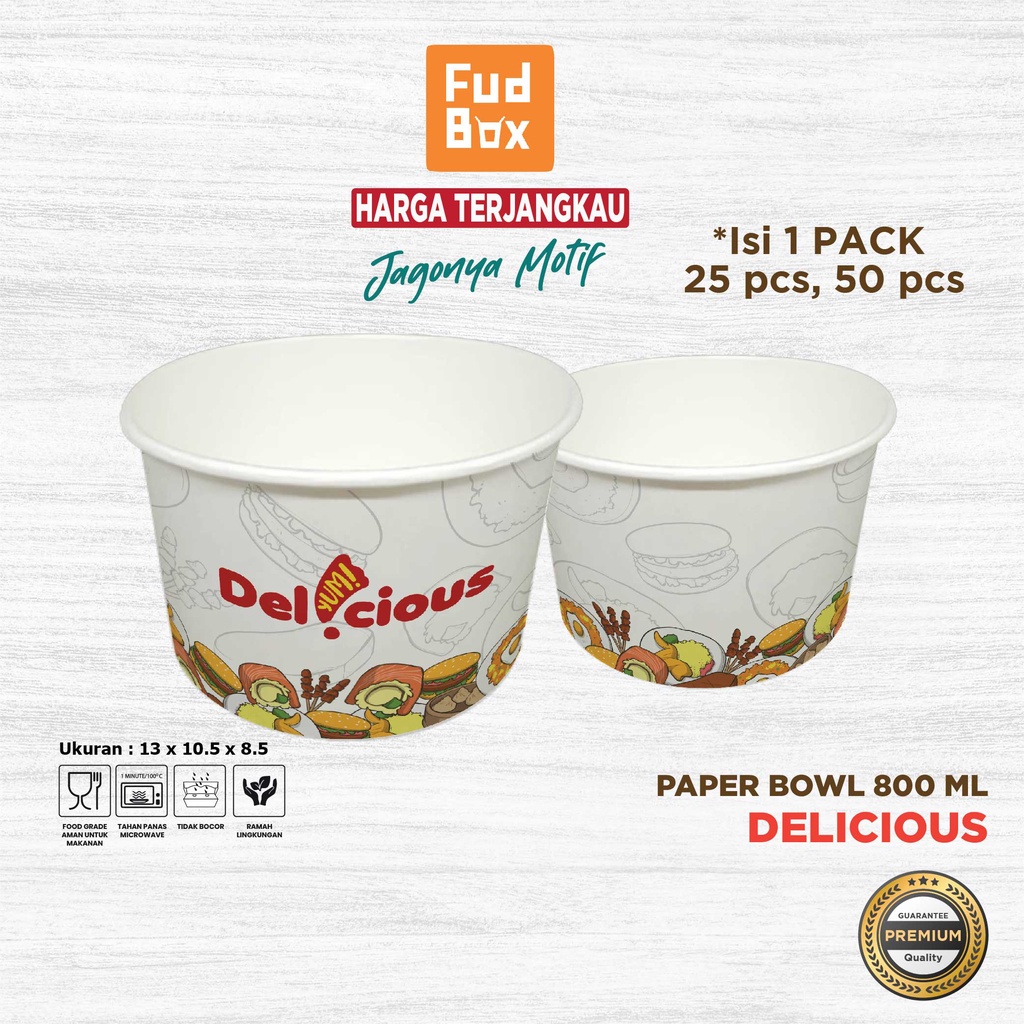 Paper Bowl 800 ml + Tutup | Paper Rice Bowl Mangkok Kertas Motif Delicious