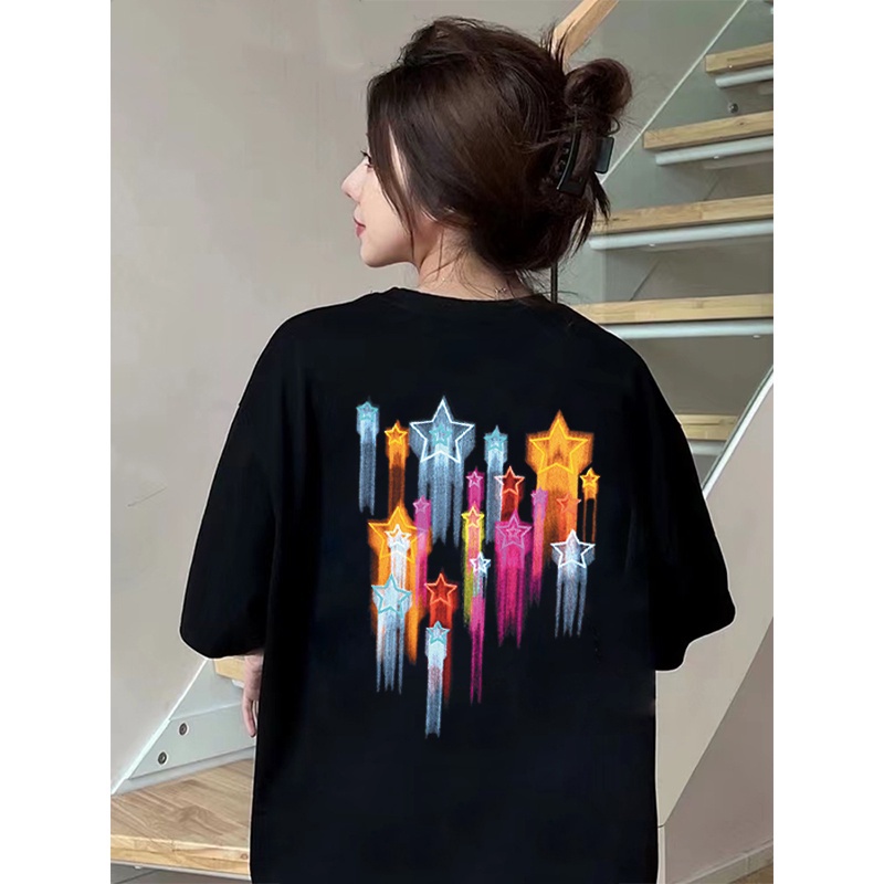 100% Katun Graphic Tee Kaos Couple Korean Style Star Cartoon Baju Wanita Atasan Wanita Oversize Kaos Putih T-shirt/kaos oversize wanita