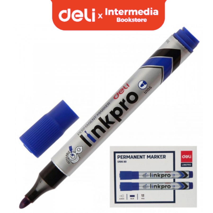 

Deli EU10530 Permanent Marker / Spidol Permanen Biru Tidak Beracun Cepat Kering Anti Air