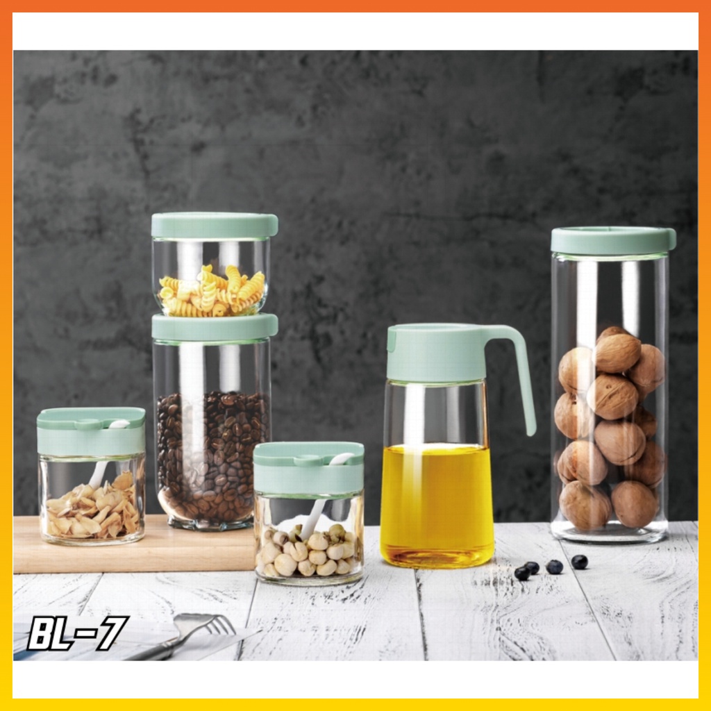 Toples Bumbu dapur Set Kaca Tempat Bumbu Dapur Oil Pot Tempat Penyimpanan Bumbu Dapur Kitchen Jar Isi 6 Pcs BL-7 WHFURNITURE