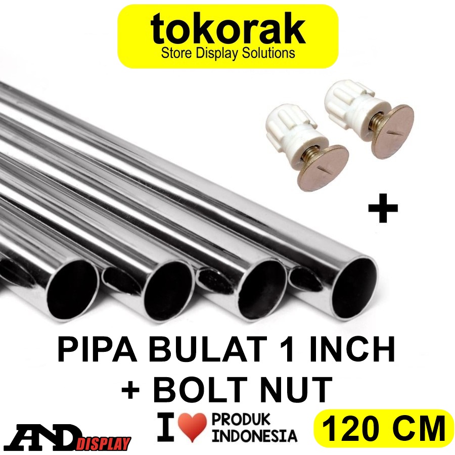 PIPA BULAT P.120CM + TUTUP PIPA BULAT BOLTNUT 1&quot; 25MM STAINLESS STEEL