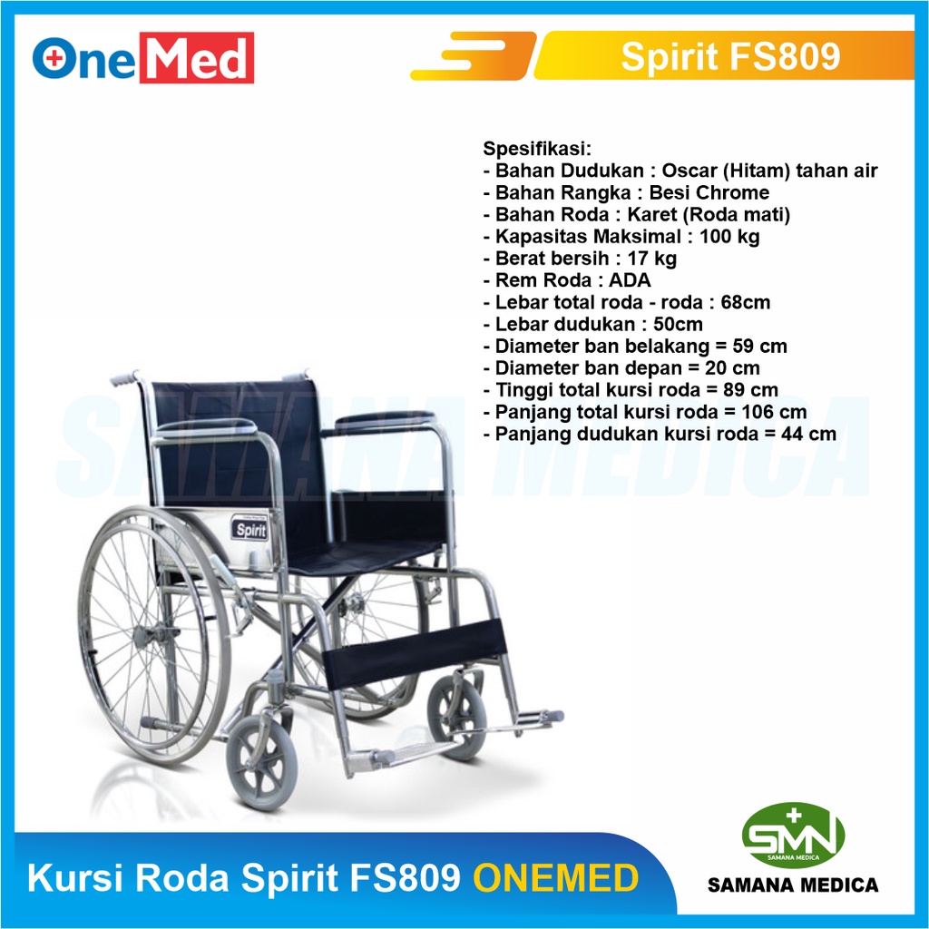 KHUSUS GOJEK dan GRAB Kursi Roda Spirit FS809 ONEMED Kursi roda Standar Rumah Sakit