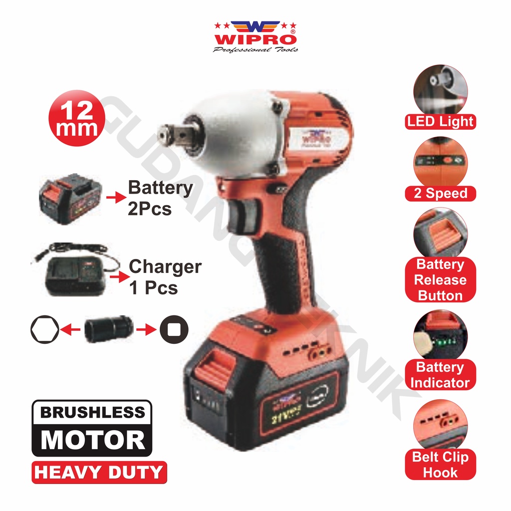 Mesin Bor Cordless Impact Wrench 12mm WIPRO W-6140 / Impact Wrench CORDLESS 21V Heavy Duty 12 mm WIPRO W6140 / Bor BATERAI 21V Brushless Pembuka Buka Baut Mobil WIPRO W 6140